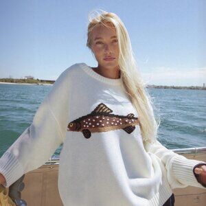 Black Crewneck Sweater w/ Unique White Polka Dot Fish Appliqué